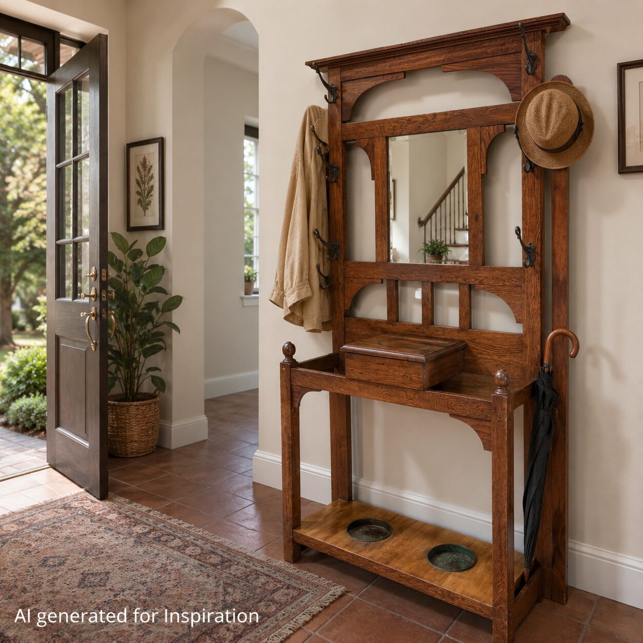Oak Arts & Crafts Hall Stand with Mirror and Umbrella Tray