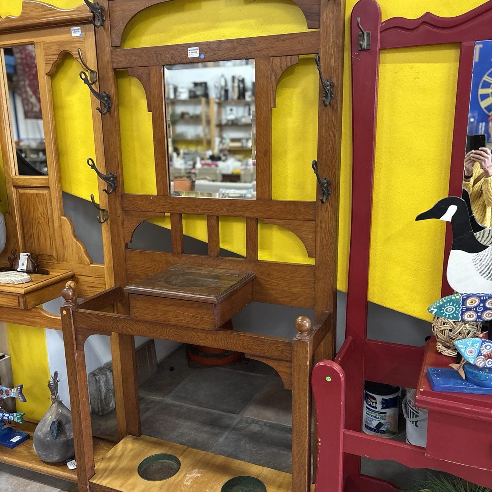 Oak Arts & Crafts Hall Stand with Mirror and Umbrella Tray - Image 6