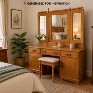 Solid Oak Dressing Table with Triple Mirror & Stool