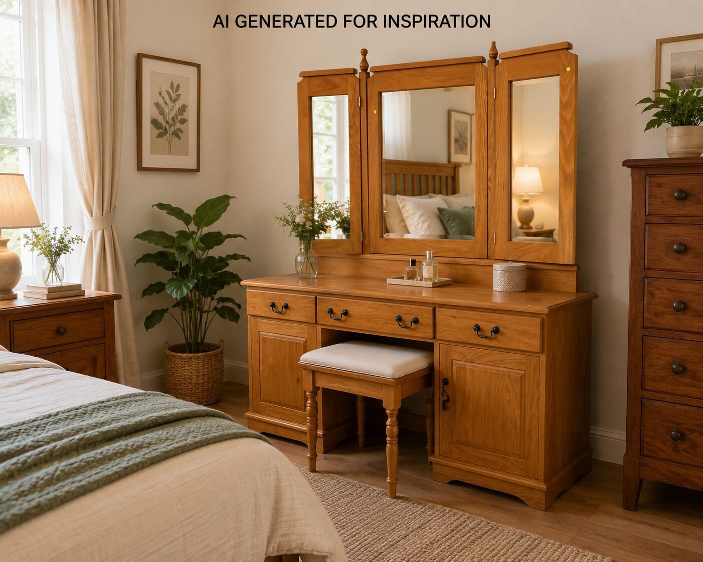 Solid Oak Dressing Table with Triple Mirror & Stool