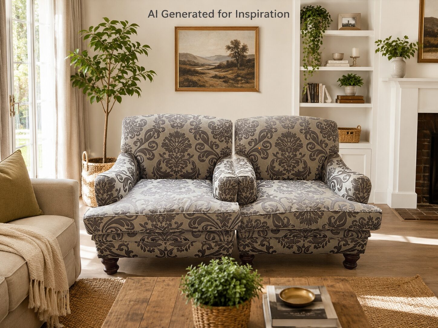 Pair of Grey Damask Upholstered Armchairs