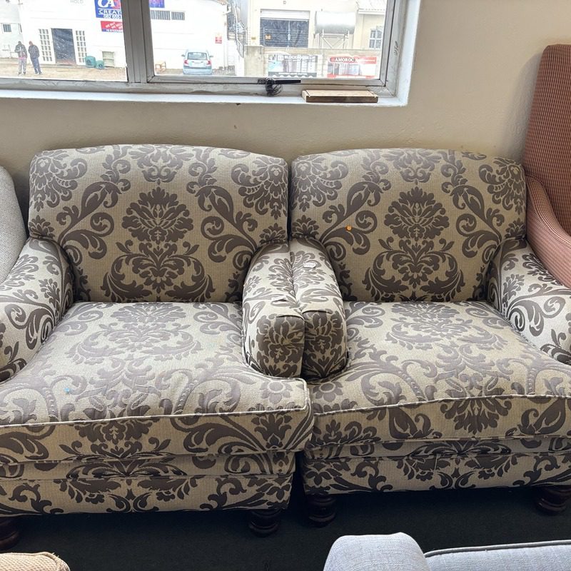 Pair of Grey Damask Upholstered Armchairs - Image 2