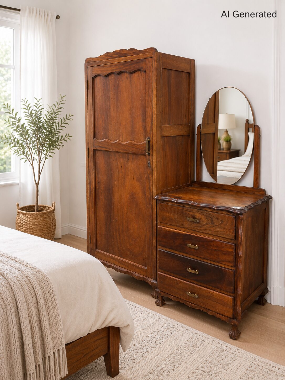 Solid Wood Wardrobe with Dressing Table & Mirror