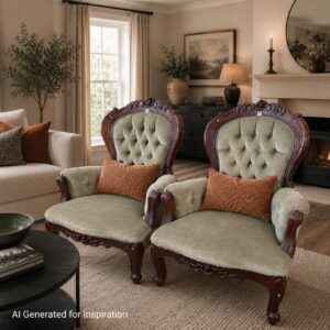 Victorian Style Tufted Armchair with Carved Timber Frame