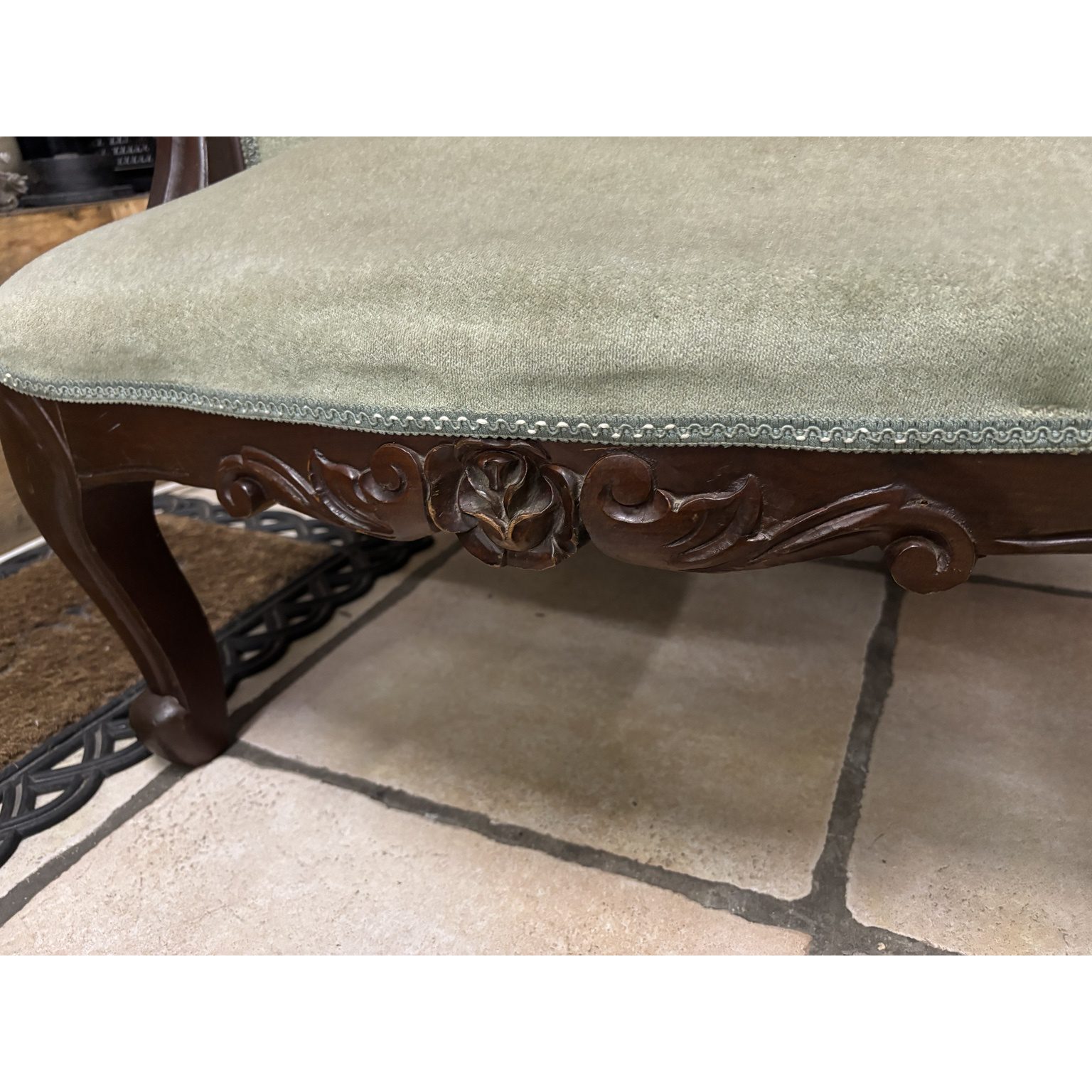 Victorian Style Tufted Armchair with Carved Timber Frame - Image 7