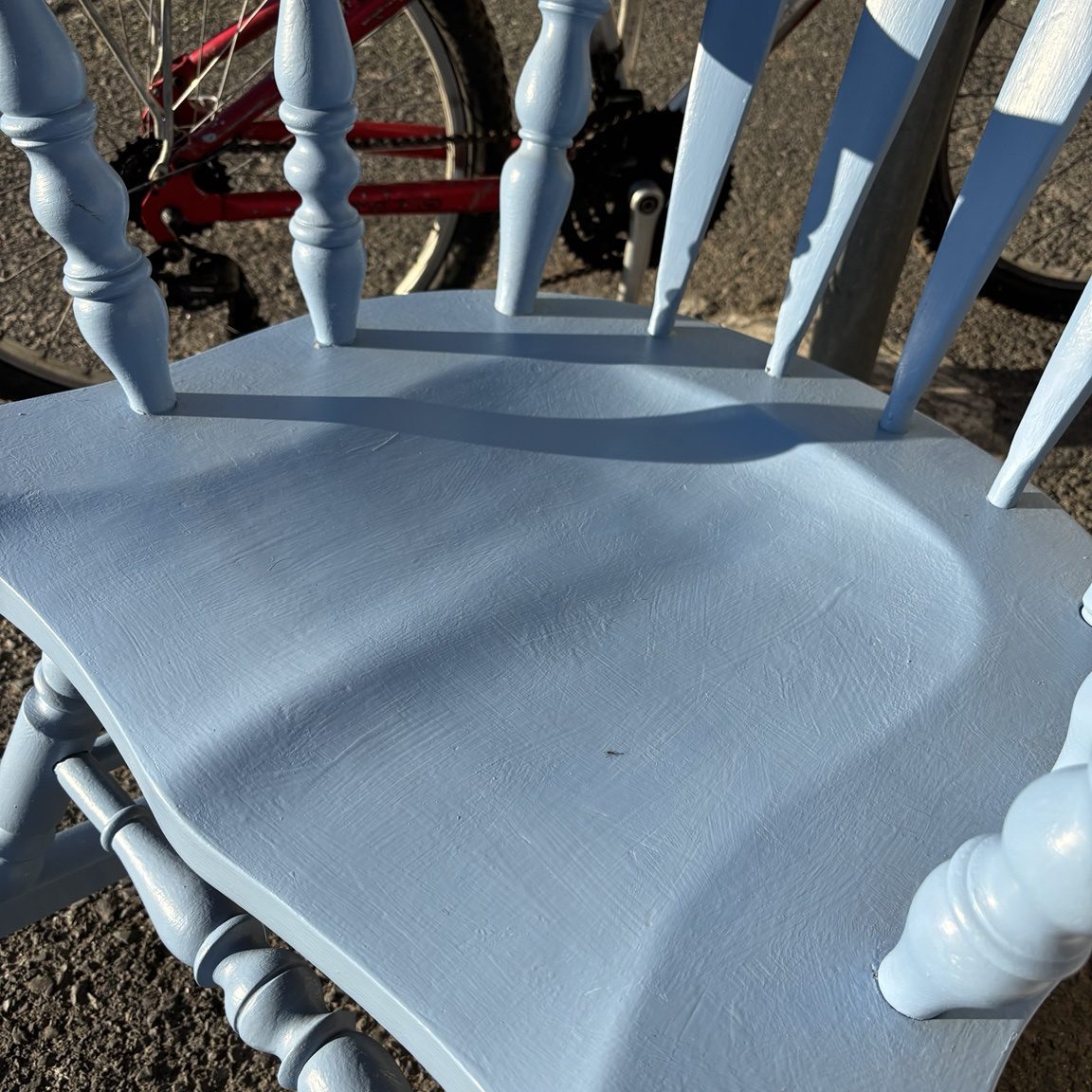 Vintage Blue Wooden Rocking Chair with Carved Crest - Image 2