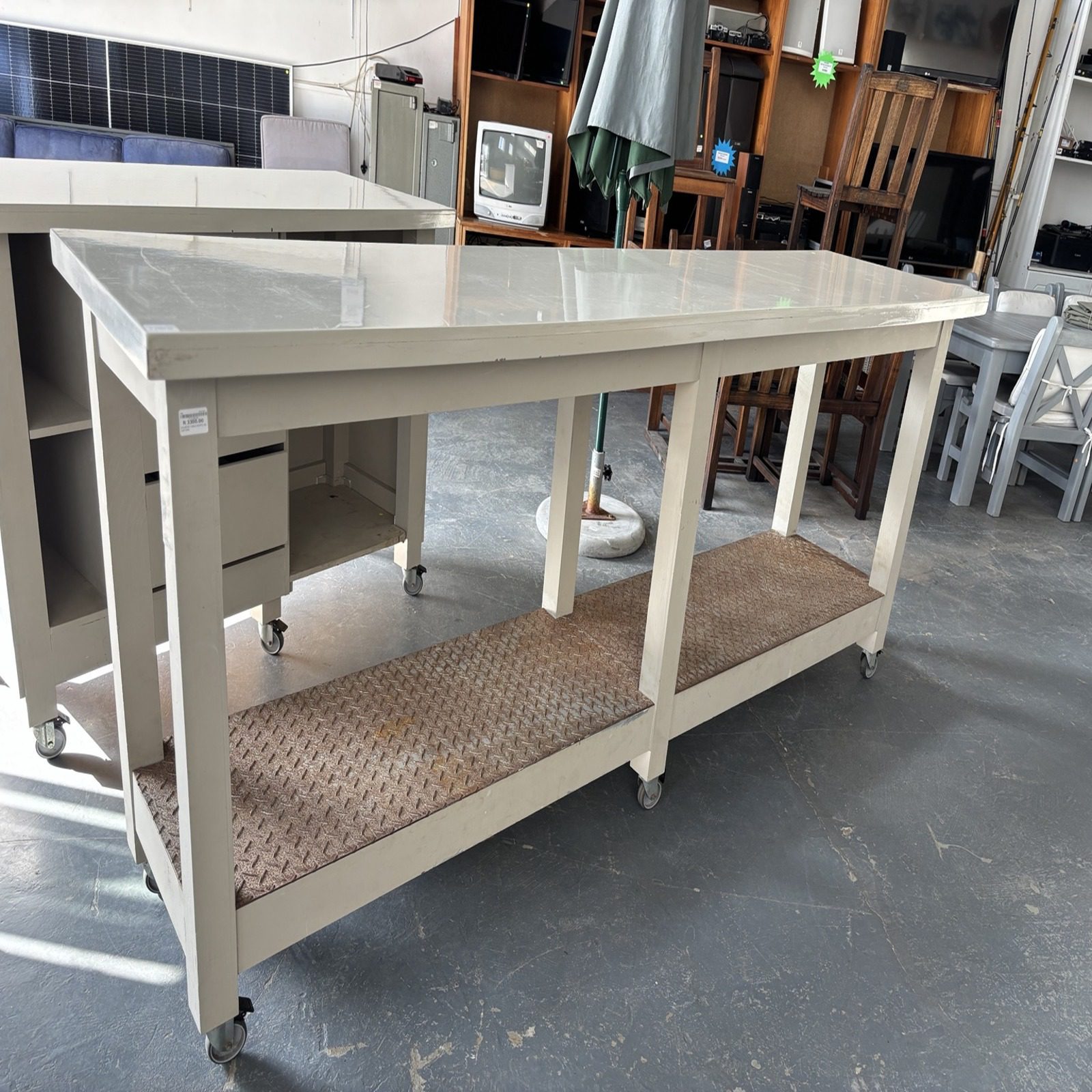 Large Taupe/White Counter Work Table on Castors - Image 4
