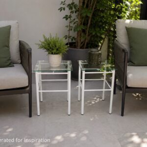Pair of White Metal & Glass Square Side Tables