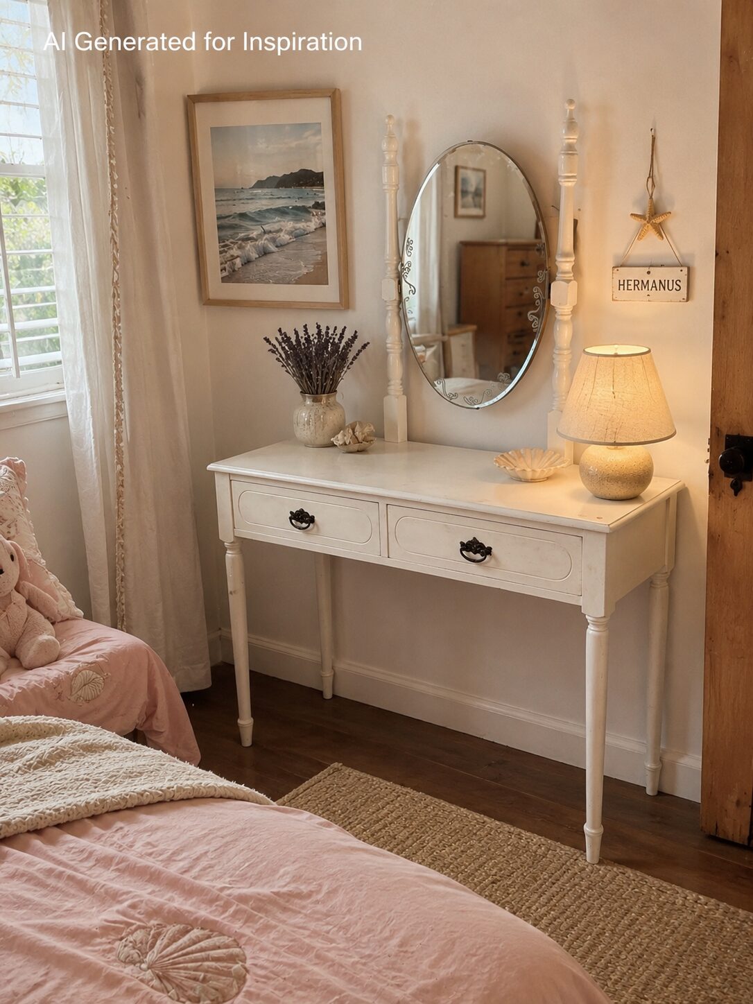 White Vintage Dressing Table with Oval Mirror & 2 Drawers