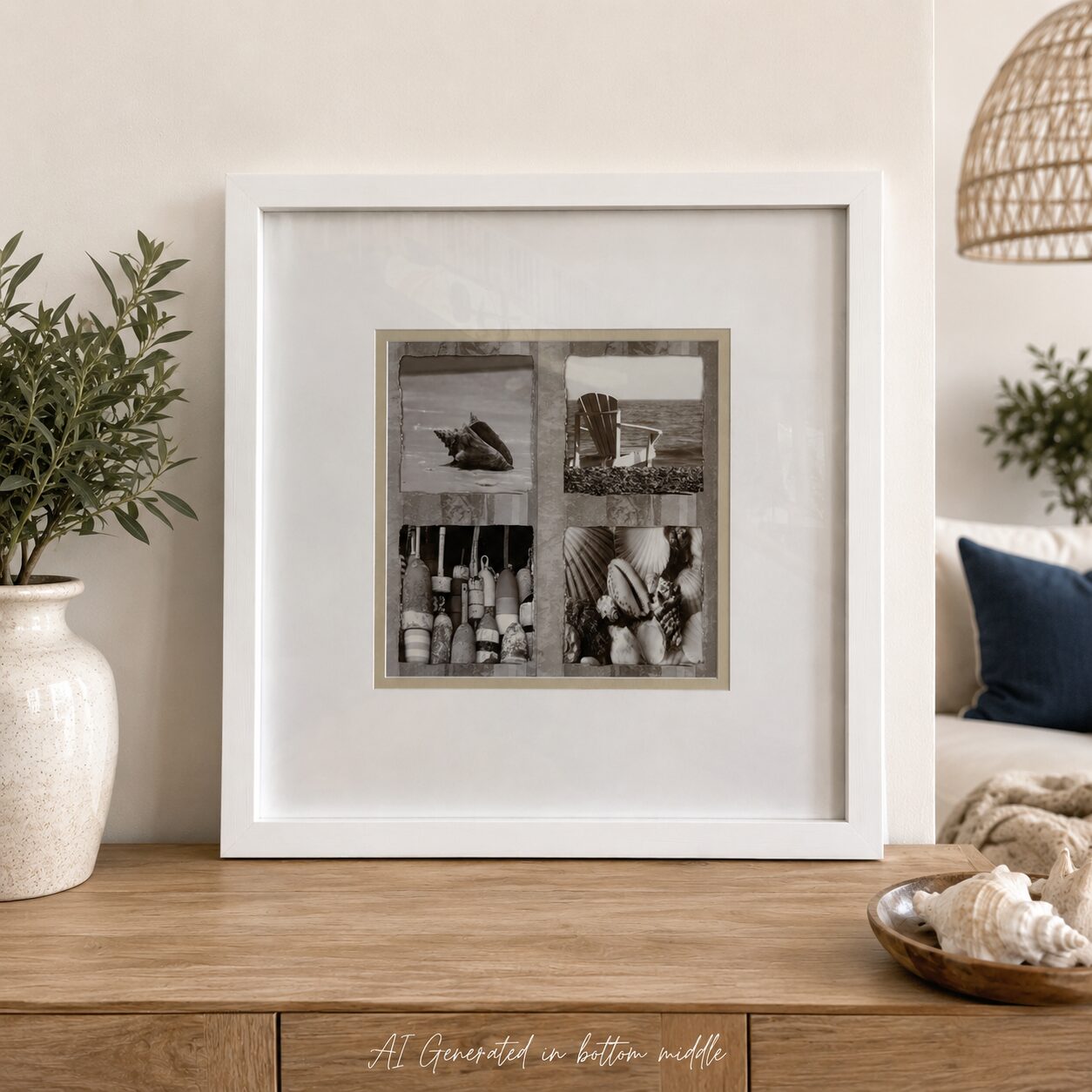 Large Beach Collage Print in White Frame