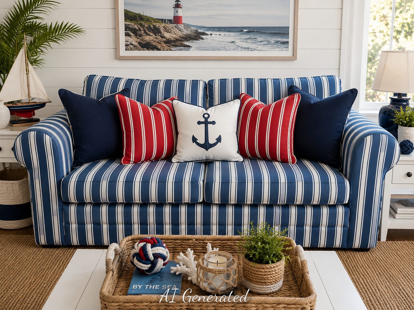 Blue & White Striped Sleeper Couch