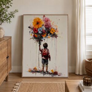 Framed Boy with Flowers Contemporary Canvas Print
