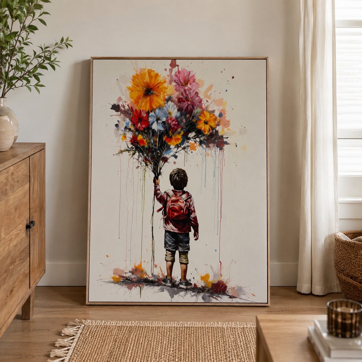 Framed Boy with Flowers Contemporary Canvas Print