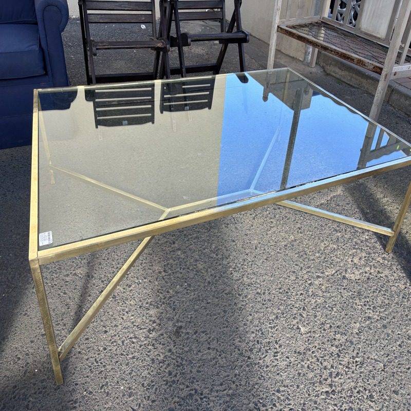 Modern Glass & Brass Metal Rectangular Coffee Table - Image 2