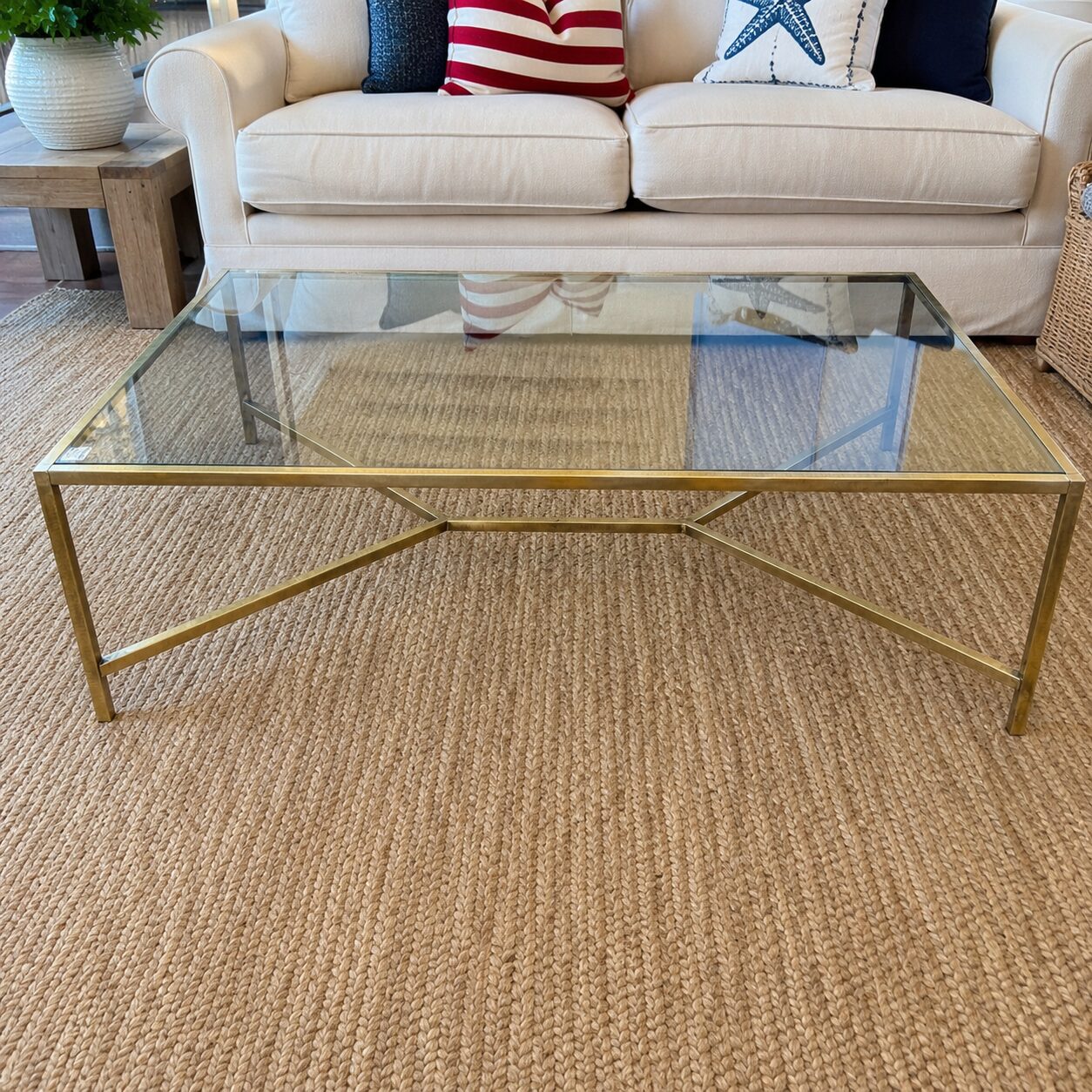 Modern Glass & Brass Metal Rectangular Coffee Table