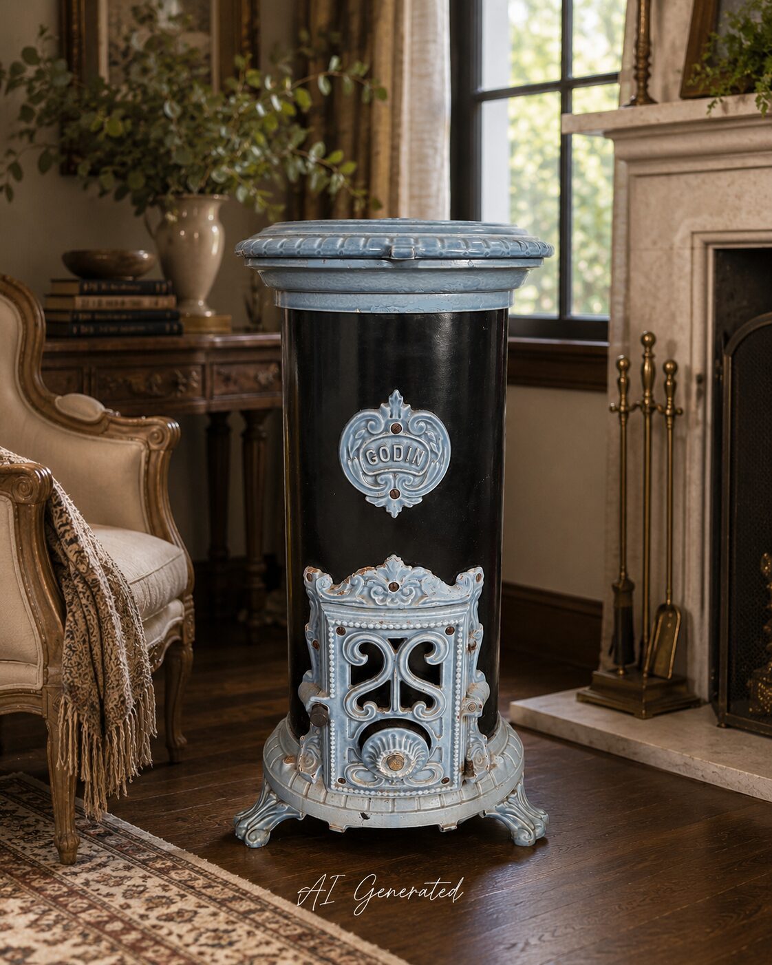 Godin Small Cast Iron Coal Fireplace – Blue & Black