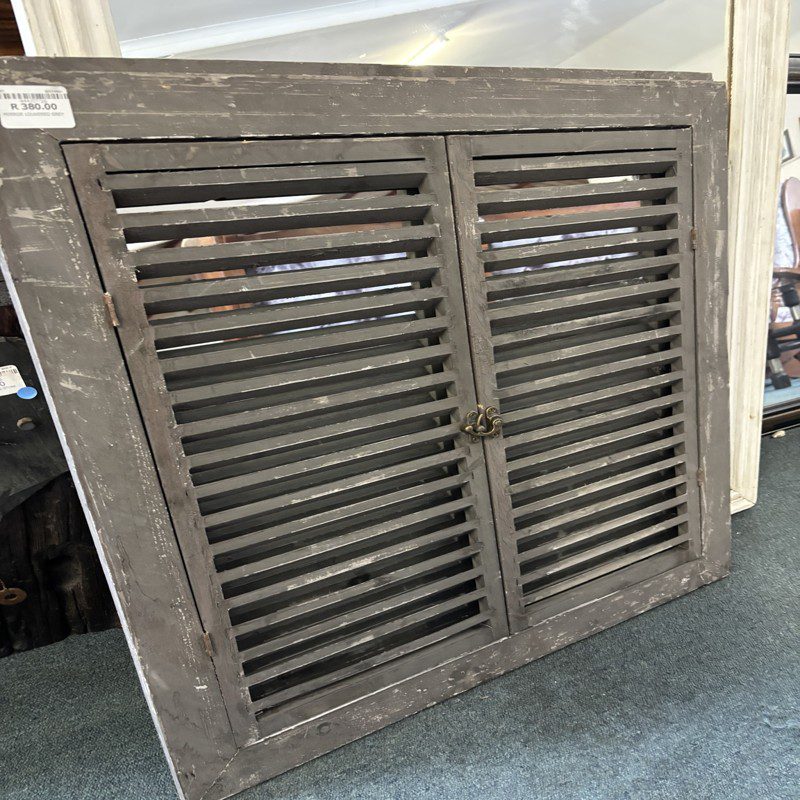 Grey Louvered Window Mirror with Opening Shutters - Image 3