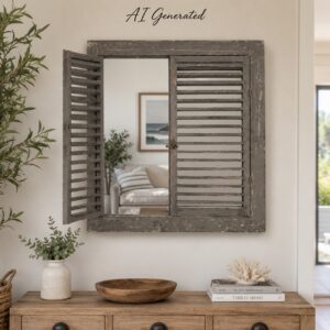 Grey Louvered Window Mirror with Opening Shutters