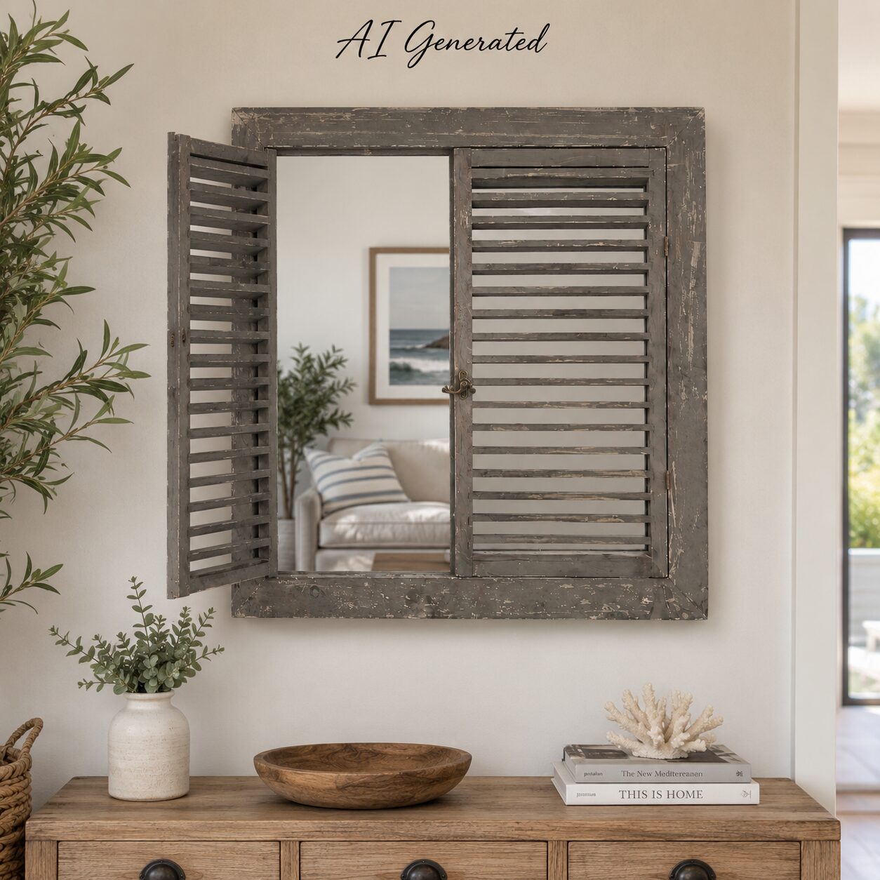 Grey Louvered Window Mirror with Opening Shutters