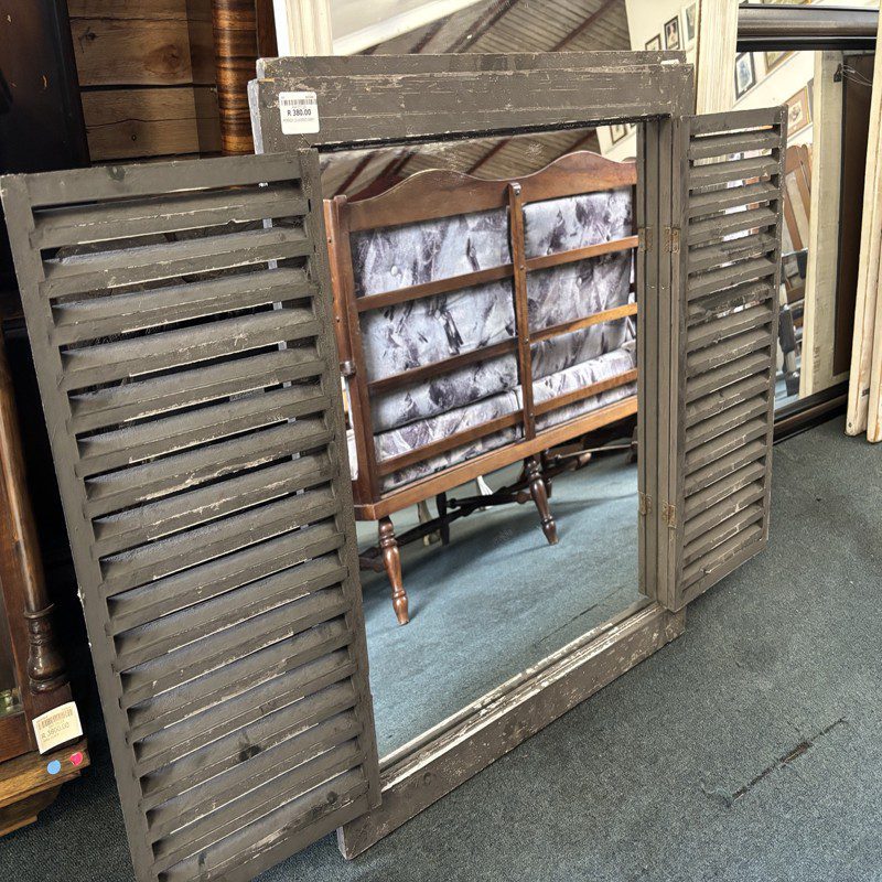 Grey Louvered Window Mirror with Opening Shutters - Image 2