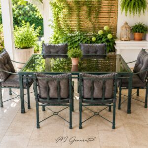 6-Seater Metal Patio Dining Set with Glass Top & Cushions