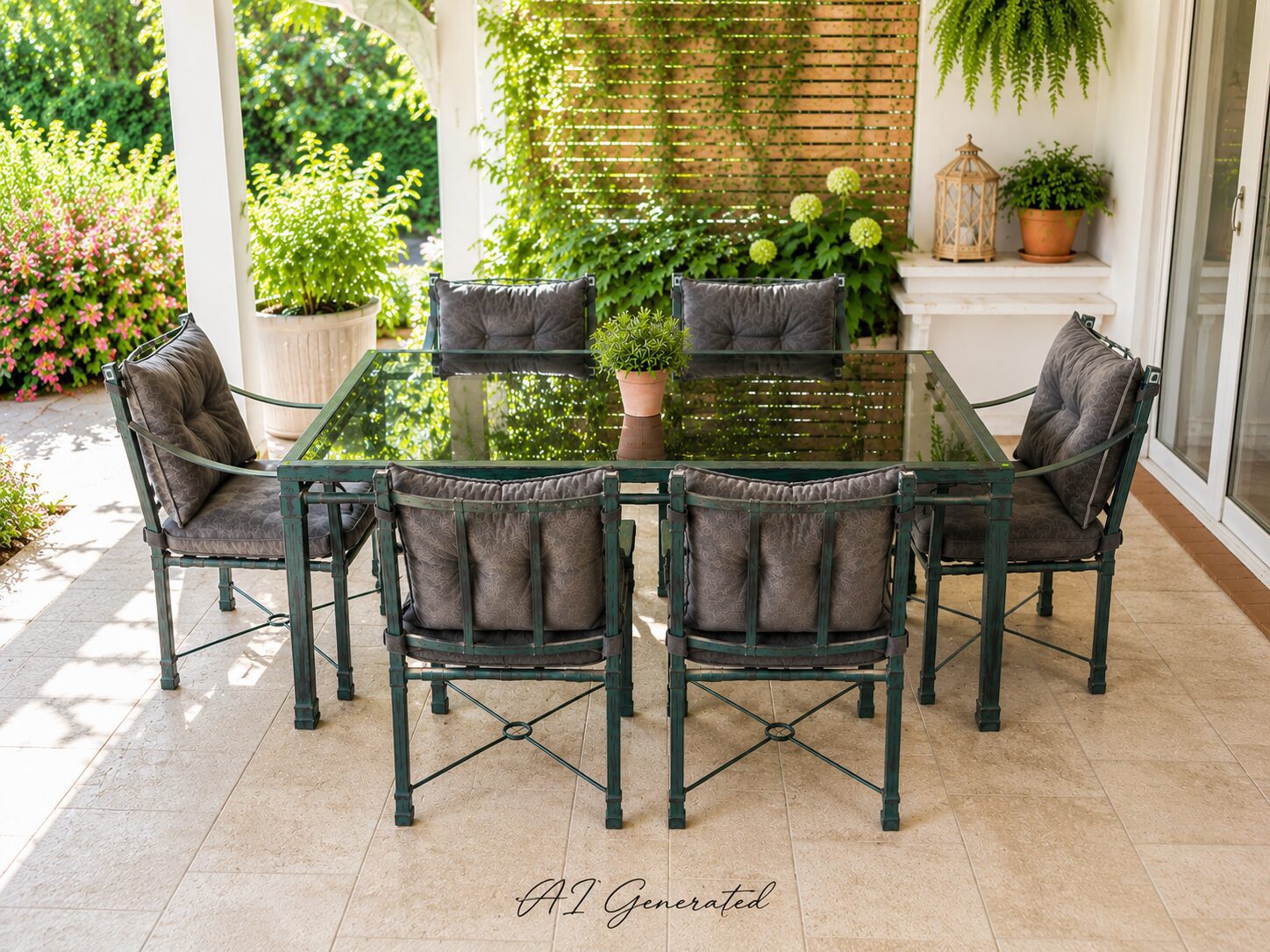 6-Seater Metal Patio Dining Set with Glass Top & Cushions
