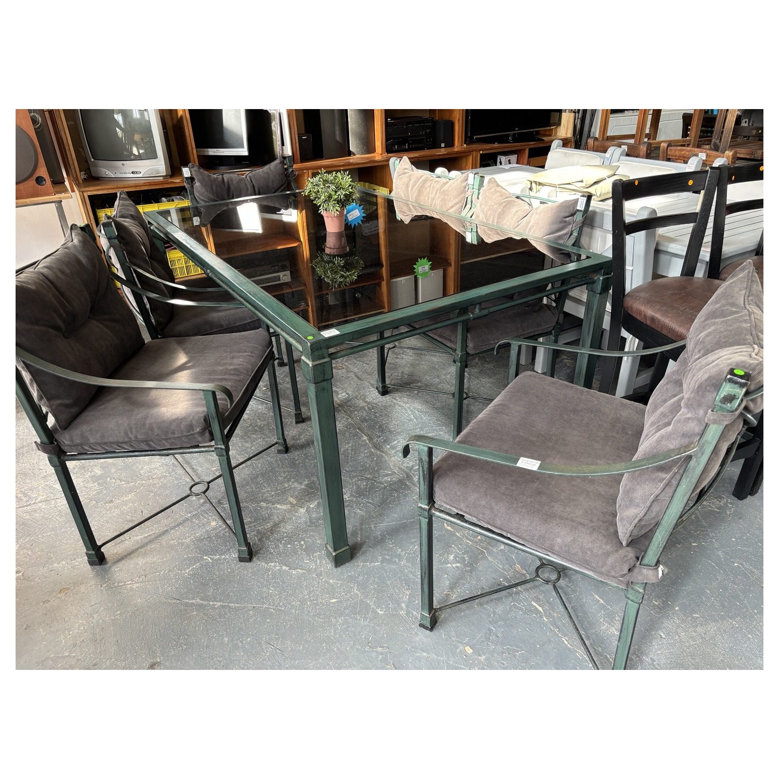 6-Seater Metal Patio Dining Set with Glass Top & Cushions - Image 5