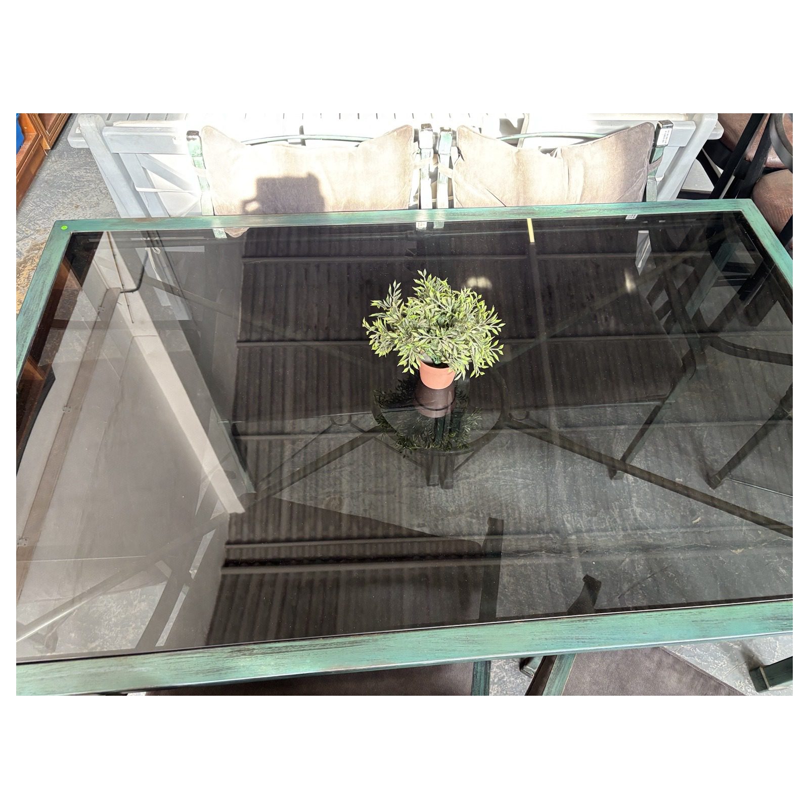 6-Seater Metal Patio Dining Set with Glass Top & Cushions - Image 2