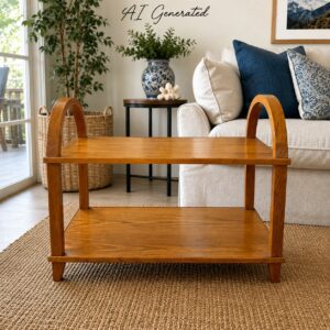 Solid Oak Two-Tier Side Table with Curved Handles