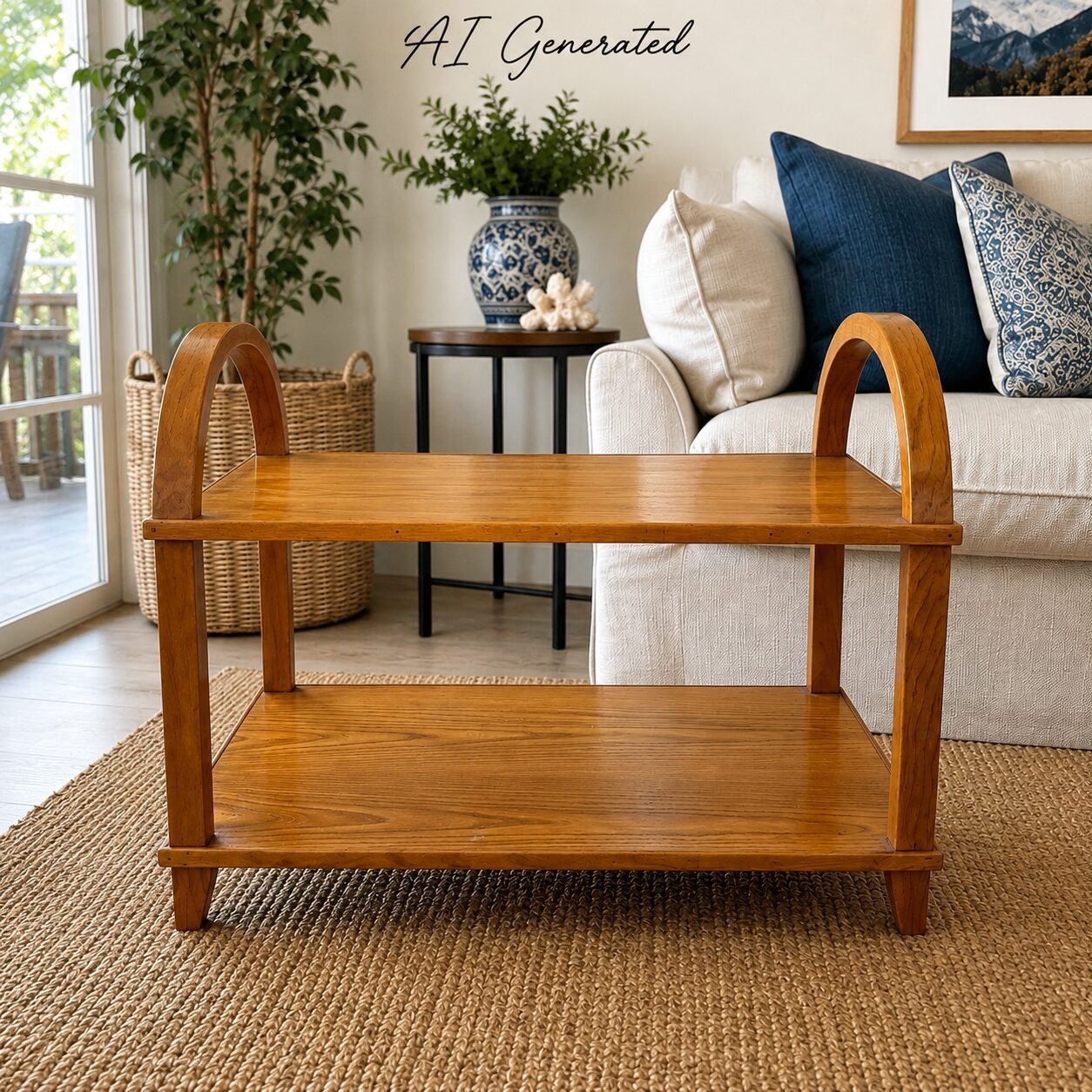 Solid Oak Two-Tier Side Table with Curved Handles
