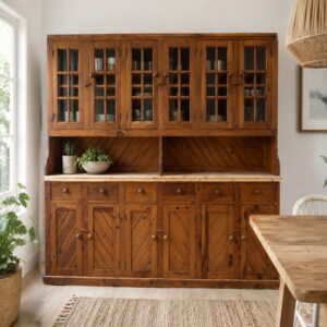 Large Oregon Pine Kitchen Hutch with Glass Display Cabinet