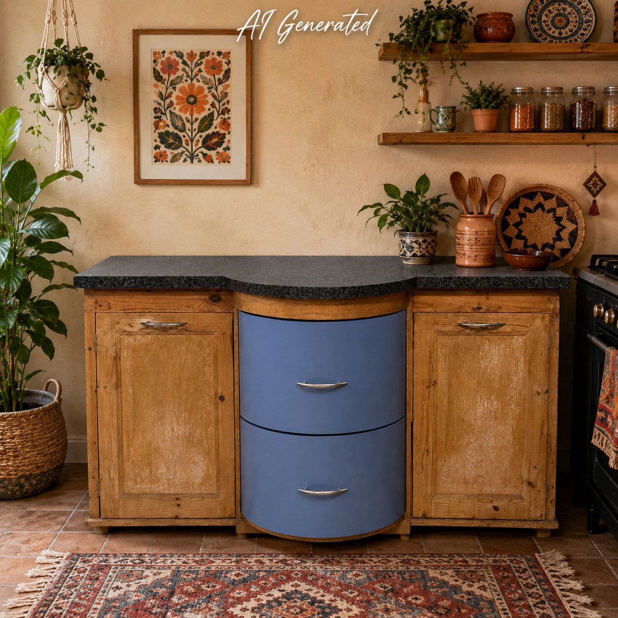 Solid Pine Kitchen Cabinet with Curved Drawer Feature