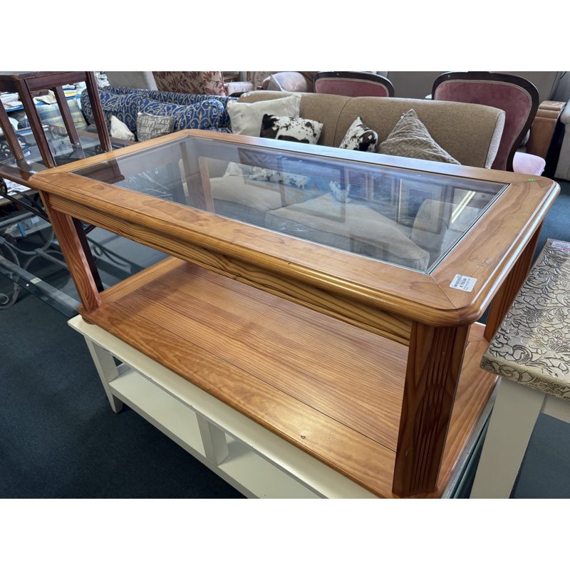 Solid Oak Finish Rectangular Glass Top Coffee Table - Image 3