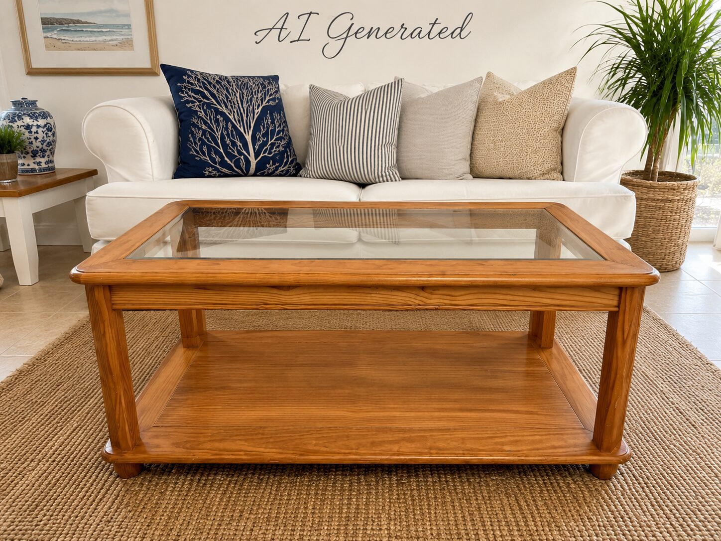 Solid Oak Finish Rectangular Glass Top Coffee Table