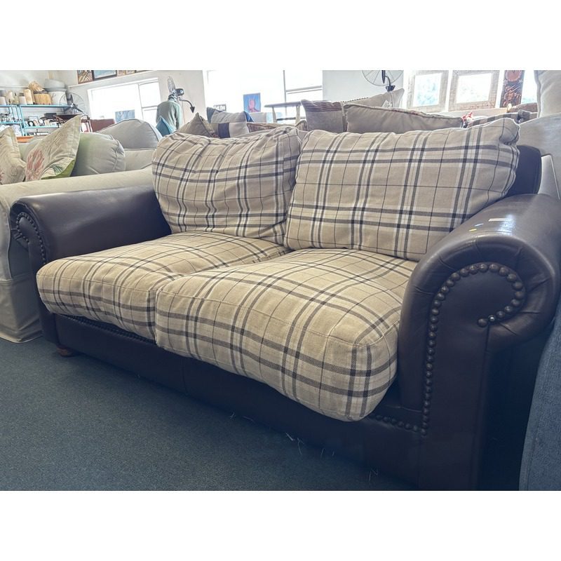 Classic Tartan Fabric & Brown Leather 2-Seater Sofa - Image 3