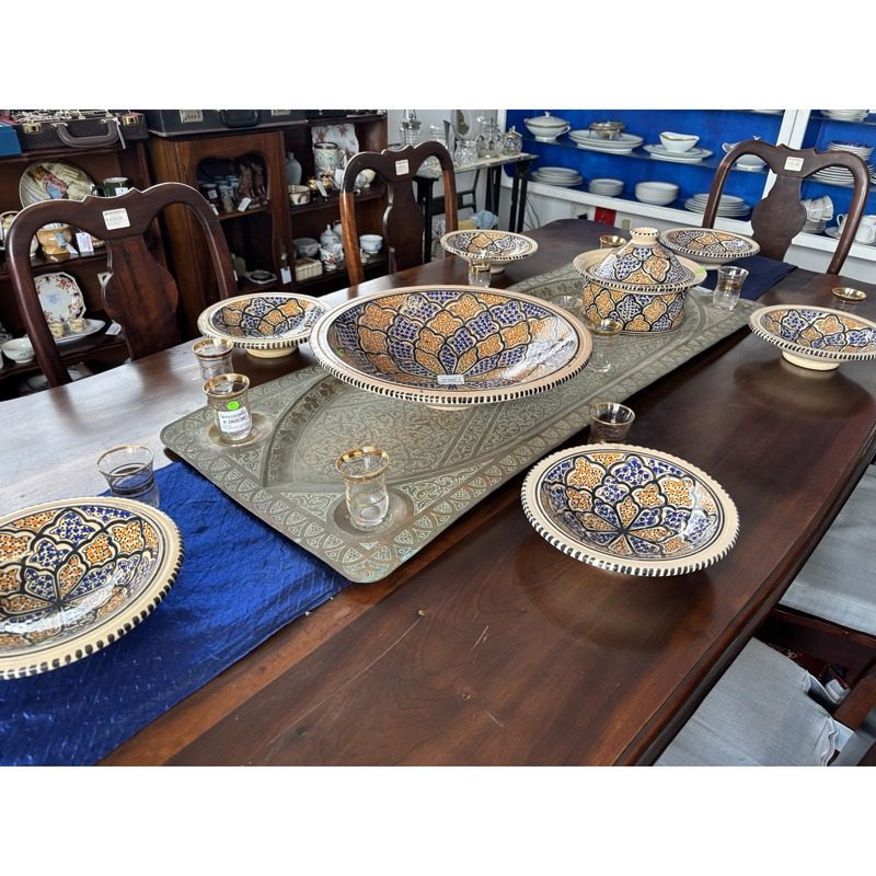 Hand-Painted Tunisian Ceramic Serving Set with Serving Platter