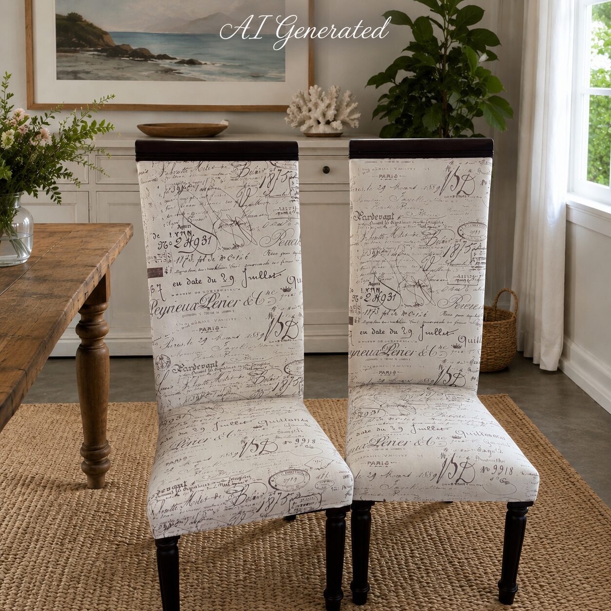 Set of 2 Upholstered Script Print Dining Chairs