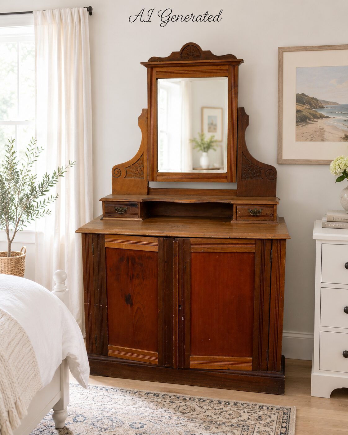 Vintage Dressing Table with Mirror & Storage Cabinet