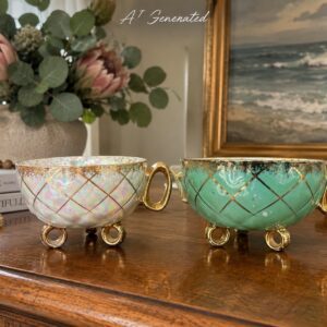 Vintage Japanese Lusterware Three-Leg Teacup Pair